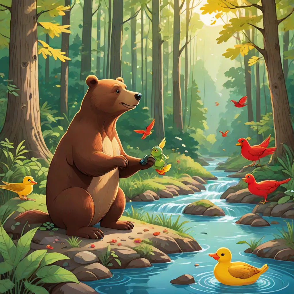 a bear is sitting on a rock in the forest with ducks and ducks around him, and a stream running through the woods, a storybook illustration, Chris LaBrooy, environmental art, official art