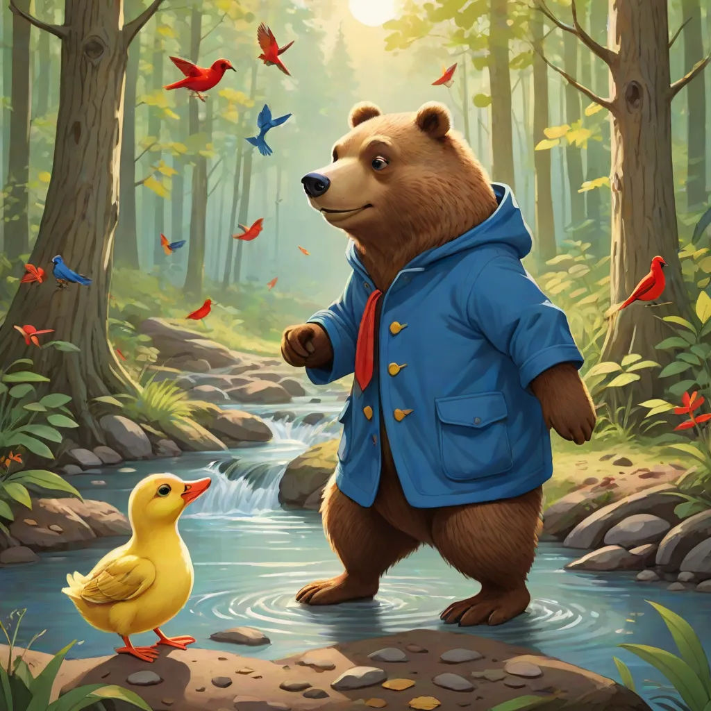 a bear and a duck are in the woods by a stream of water and trees, with birds flying around, a storybook illustration, Chris LaBrooy, furry art, official art