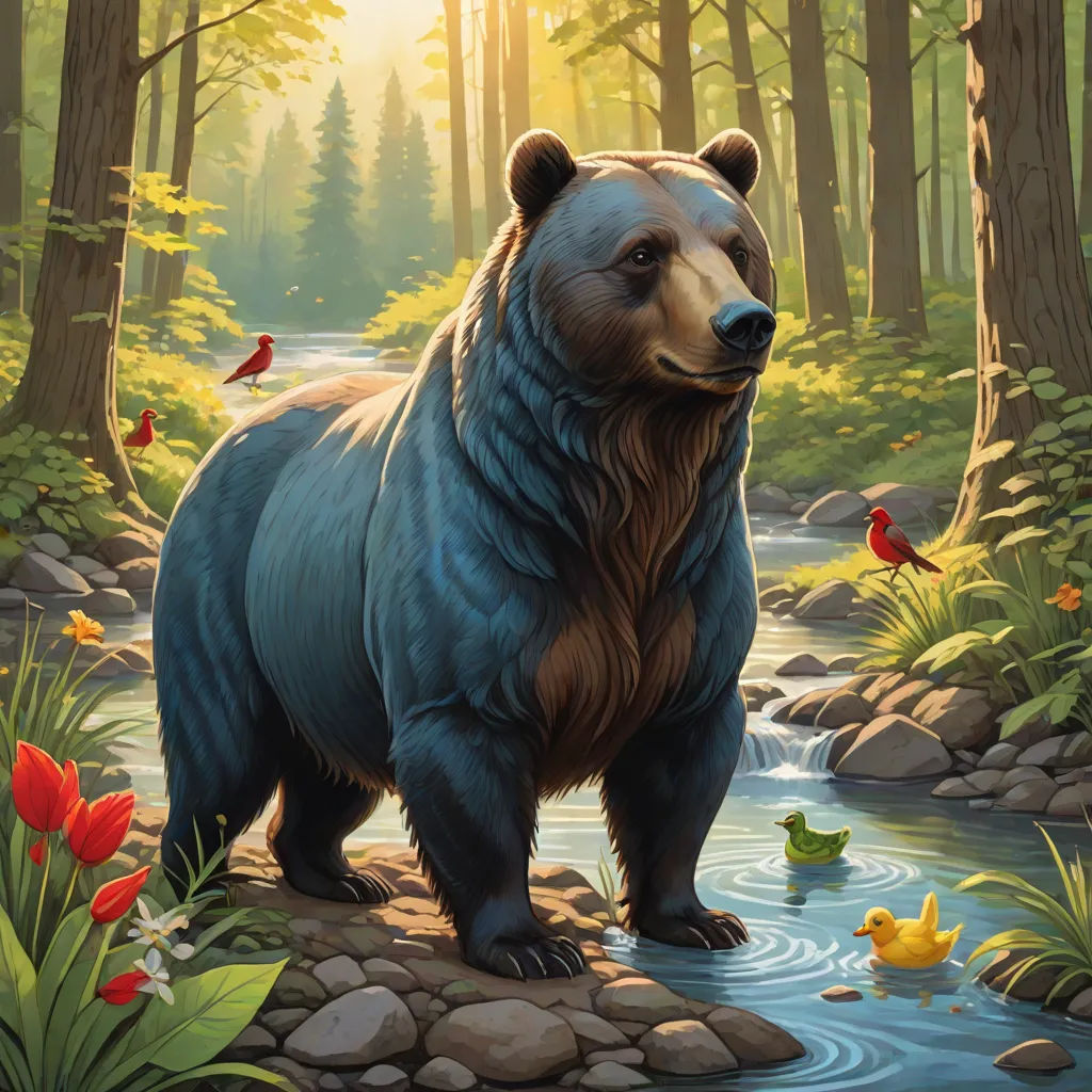 a bear standing in a forest next to a stream of water and ducks in the water and trees and flowers, a storybook illustration, Chris LaBrooy, furry art, magic the gathering artwork