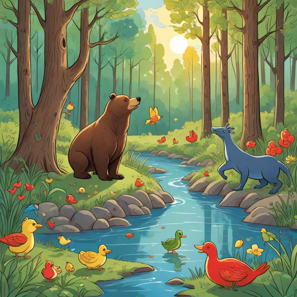 a bear and a bear cub are in the woods by a stream of water and ducks are in the water, a storybook illustration, Chris LaBrooy, environmental art, storybook illustration