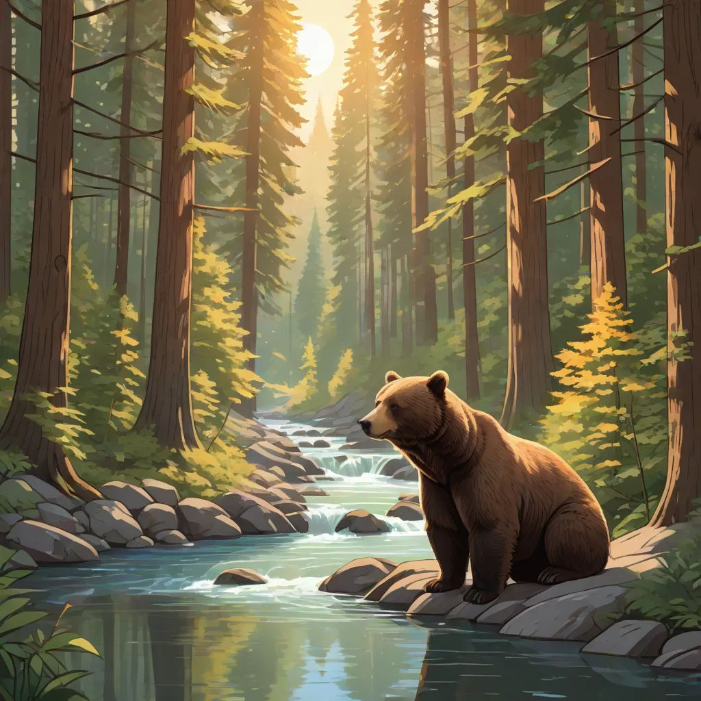 a bear sitting on a rock in a forest next to a river and trees with a sun shining through the trees, a storybook illustration, Chris LaBrooy, american scene painting, official art