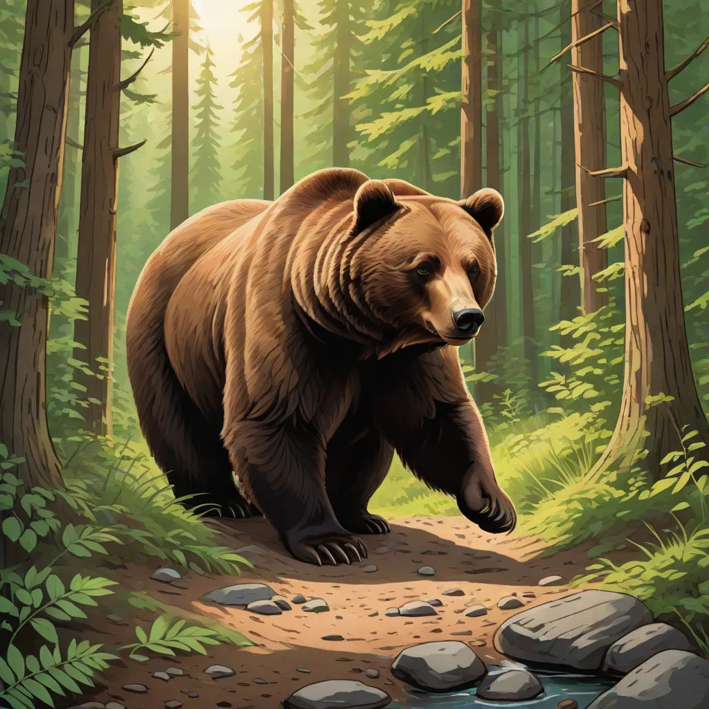 a bear is walking through a forest with rocks and trees on the ground and a stream running through the woods, a storybook illustration, Dan Mumford, furry art, official art