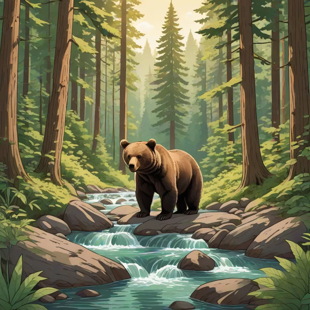 a bear is standing on a rock in a forest by a stream of water and trees with a sun shining through the trees, a storybook illustration, Dan Mumford, environmental art, official art