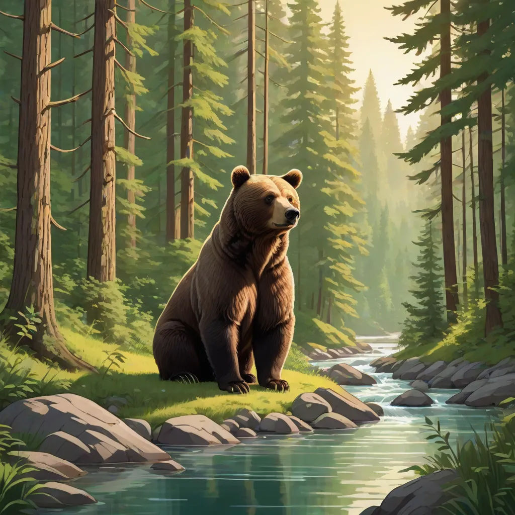 a bear sitting on a rock in a forest by a river with rocks and trees around it, with a stream running through the center of the picture, a storybook illustration, Chris LaBrooy, environmental art, official art
