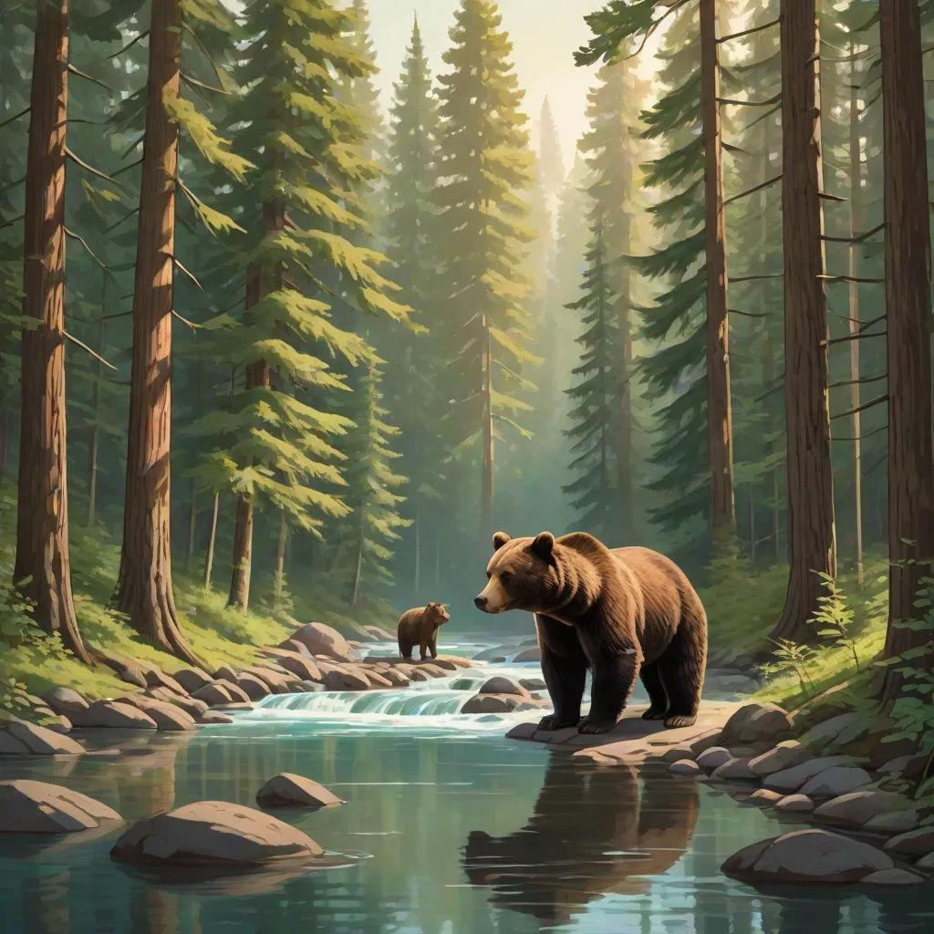 a bear and cub are standing in a stream in the woods near a waterfall and trees, with a stream running through it, a storybook illustration, Dan Mumford, american scene painting, official art
