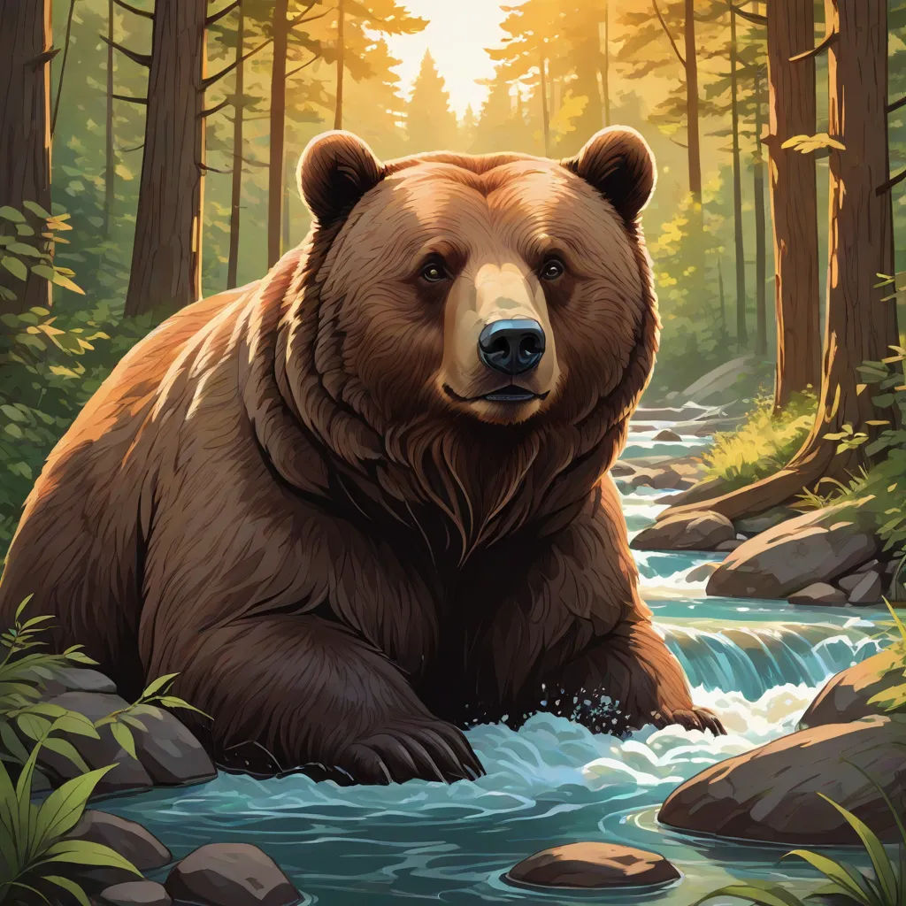 a bear is sitting in the water in the woods with rocks and trees around it and a stream running through it, a storybook illustration, Dan Mumford, furry art, official art