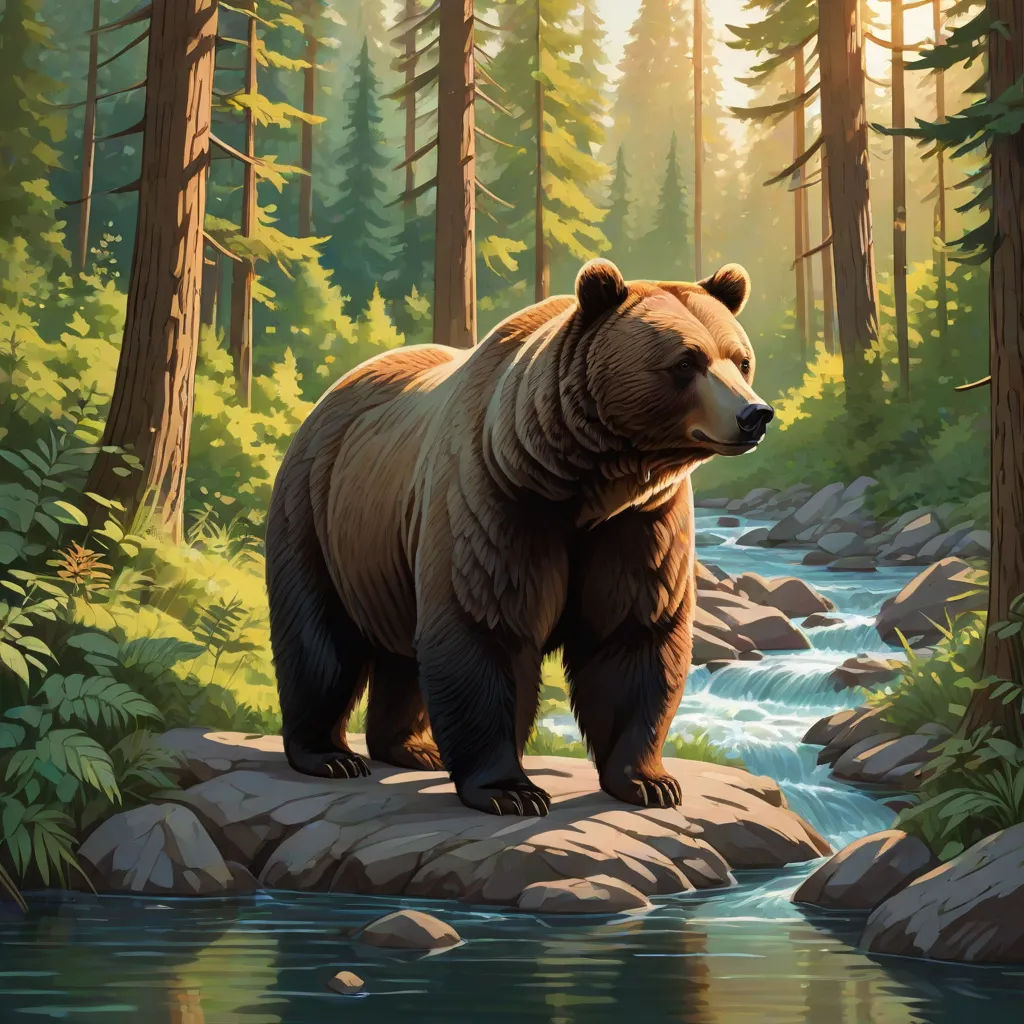 a bear standing on a rock in a forest next to a river and trees with a stream running through it, a painting, Chris LaBrooy, furry art, magic the gathering artwork
