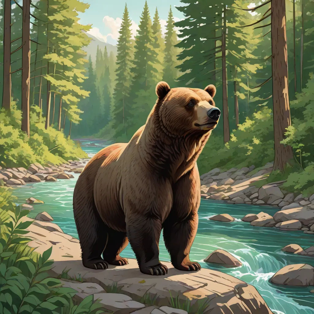 a bear standing on a rock in a forest next to a river and trees with a stream running through it, a storybook illustration, Dan Mumford, environmental art, official art