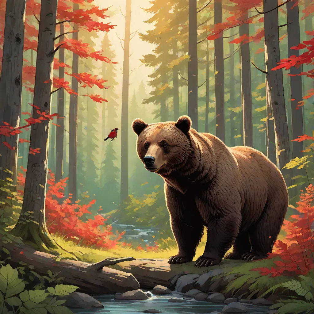 a bear standing on a rock in a forest with a stream and trees in the background, with a bird flying over it, a painting, Chris LaBrooy, furry art, official art