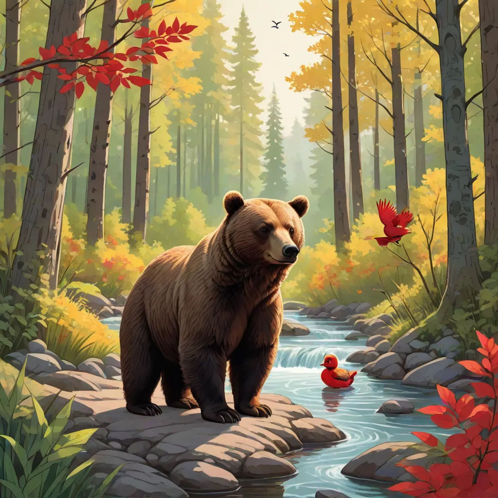 a bear and a duck are in a forest by a stream and trees with red leaves on the ground, a storybook illustration, Chris LaBrooy, american scene painting, official art