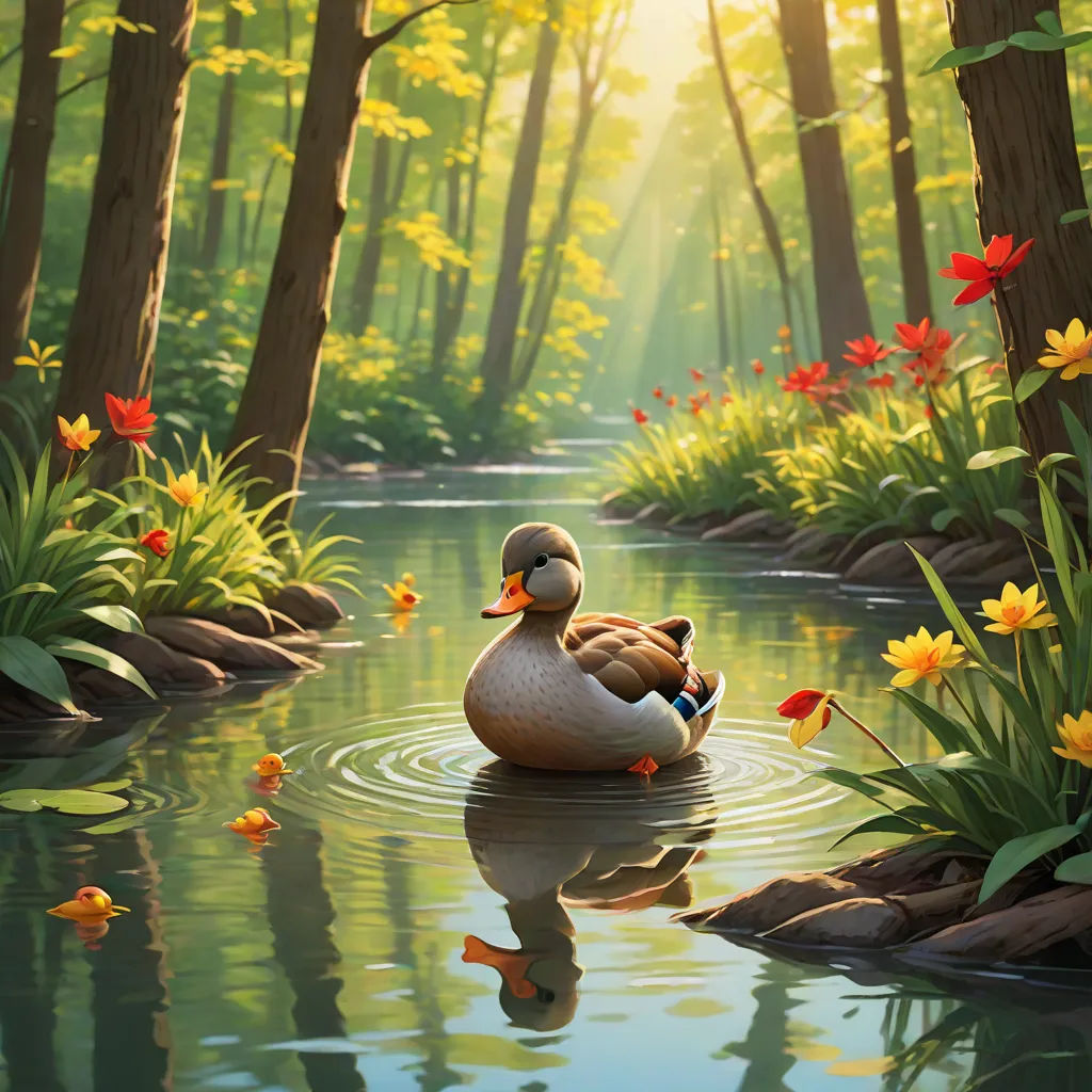 a duck floating on top of a lake surrounded by trees and flowers in a forest filled with flowers and trees, a storybook illustration, Chris LaBrooy, environmental art, nature