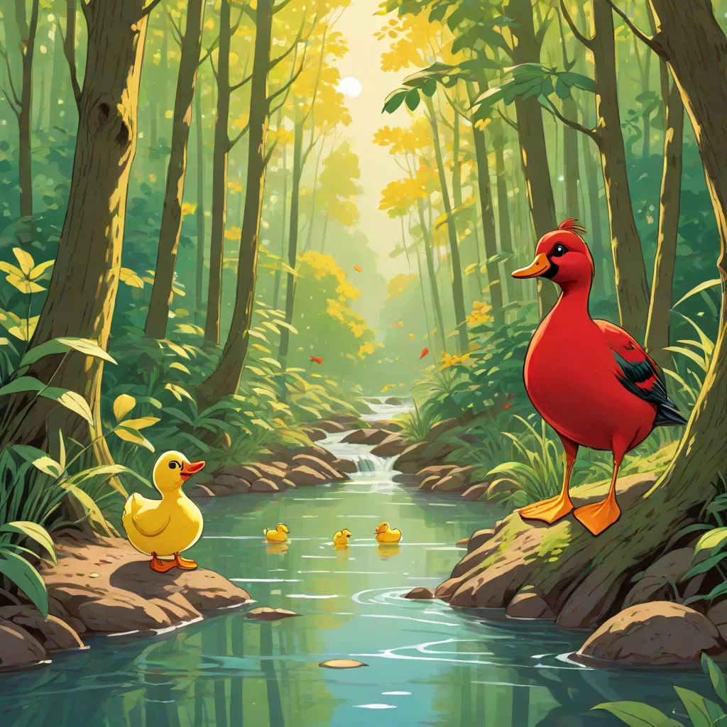 a painting of a duck and a duckling in a forest with a stream running through it and a sun shining through the trees, a storybook illustration, Chris LaBrooy, environmental art, storybook illustration