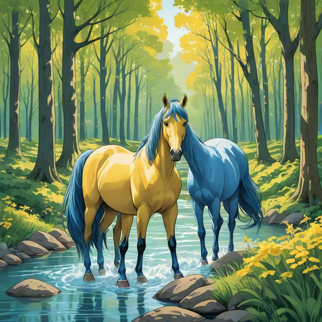 two horses are standing in the water near the trees and rocks in the forest, one is blue and the other is yellow, a storybook illustration, Brothers Hildebrandt, fantasy art, storybook illustration
