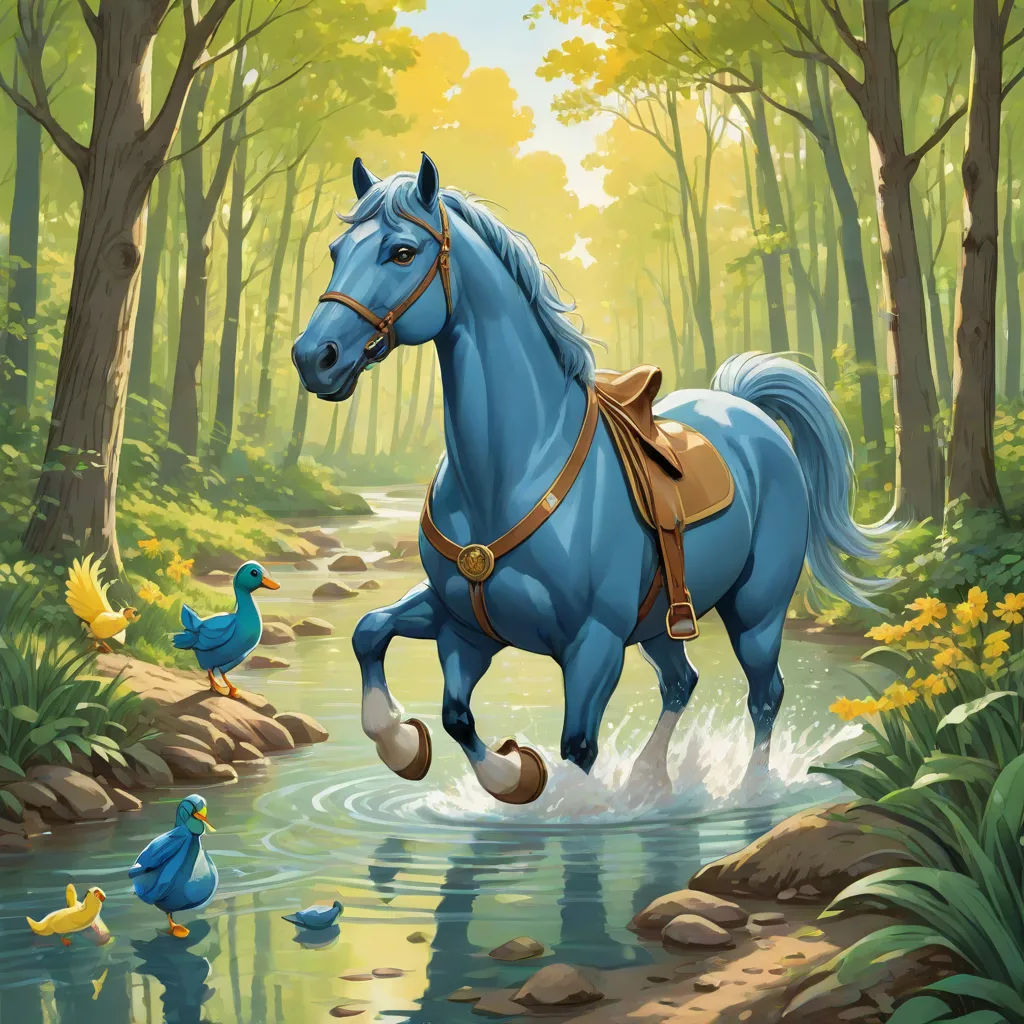 a horse is running through a stream with ducks in the background and a duckling in the foreground, a storybook illustration, Chris LaBrooy, american scene painting, storybook illustration
