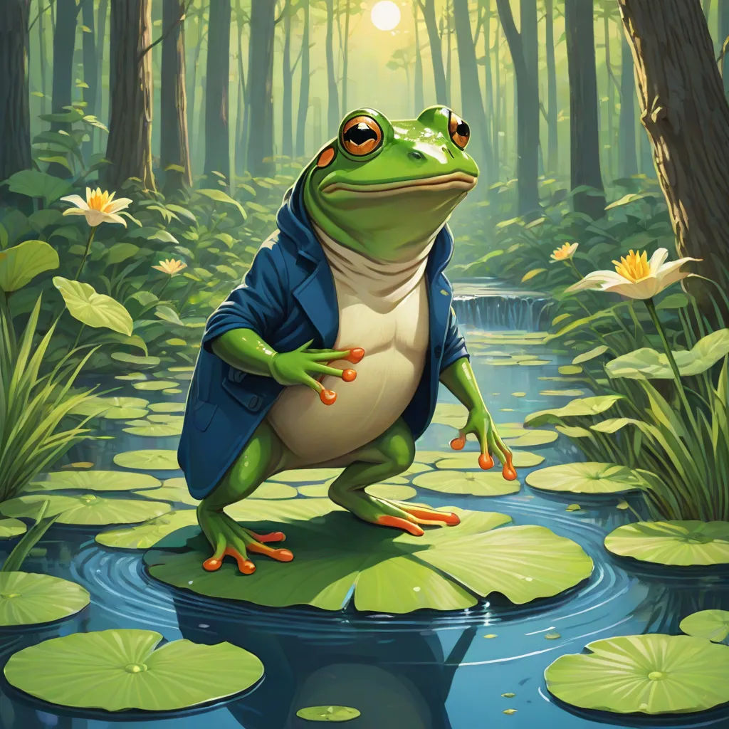 a frog is sitting on a lily pad in the middle of a pond with lily pads around it and a bright sun shining in the background, a digital painting, Chris LaBrooy, altermodern, magic the gathering artwork