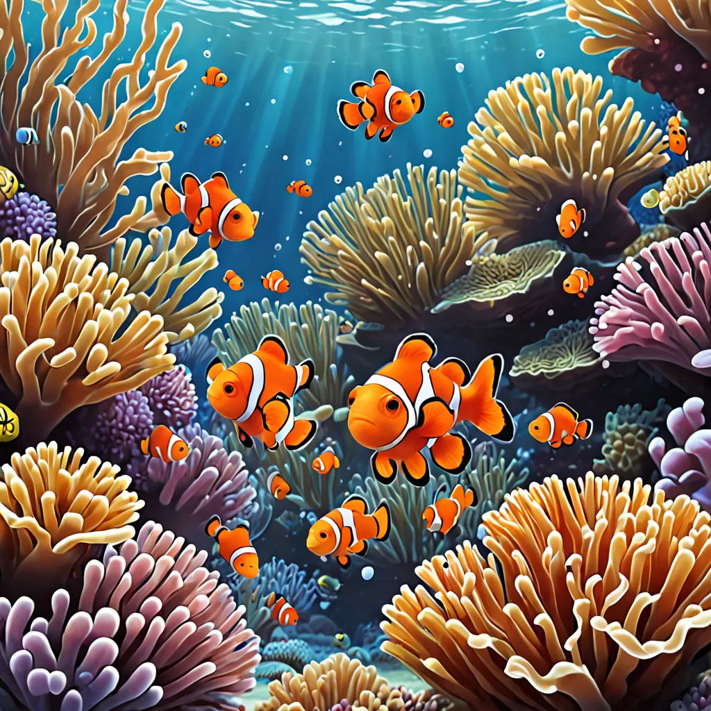 a painting of an underwater scene with clown fish and corals in the water and a sunbeam in the background, psychedelic art, an airbrush painting, Cyril Rolando, highly detailed digital painting