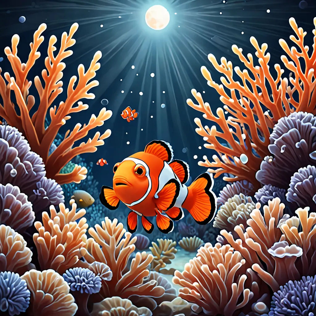 a clown fish swimming in the ocean under the sun light with corals and seaweeds around it, pop surrealism, a storybook illustration, Cyril Rolando, highly detailed digital painting