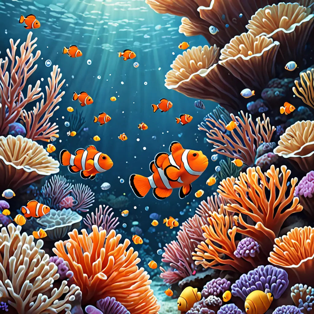 a painting of an underwater scene with clown fish and corals in the water and sunbeams above, psychedelic art, a storybook illustration, David Martin, highly detailed digital painting