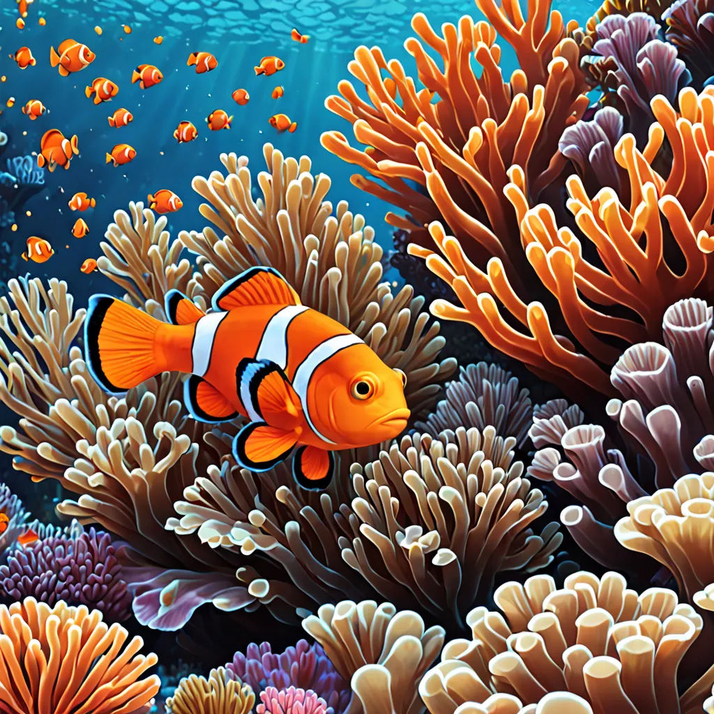 a painting of an orange clown fish among corals and sea anemones in the ocean with bubbles, computer art, computer graphics, David Martin, highly detailed digital painting