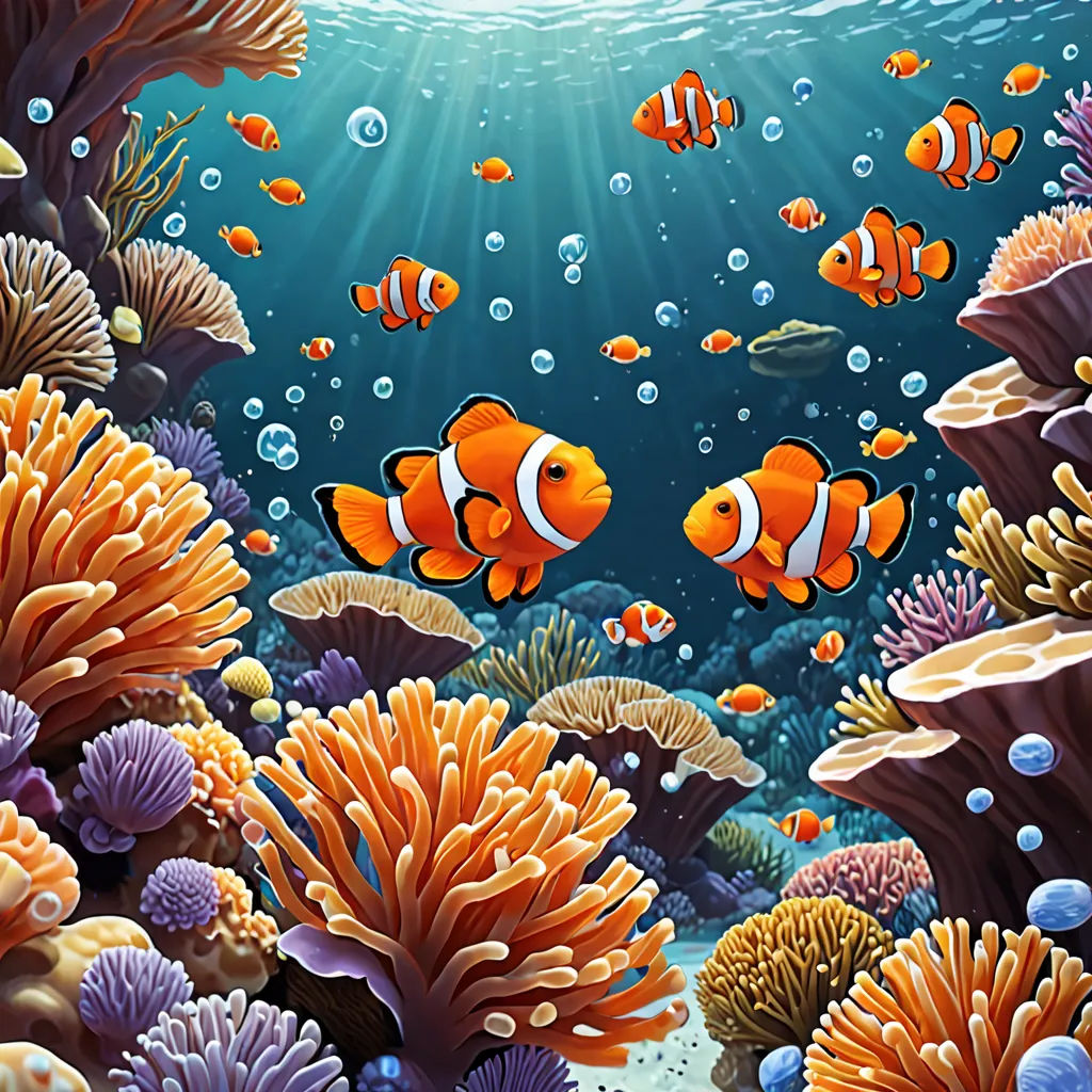 a painting of clown fish swimming in the ocean with corals and seaweeds around them, under water, psychedelic art, a storybook illustration, David Martin, highly detailed digital painting