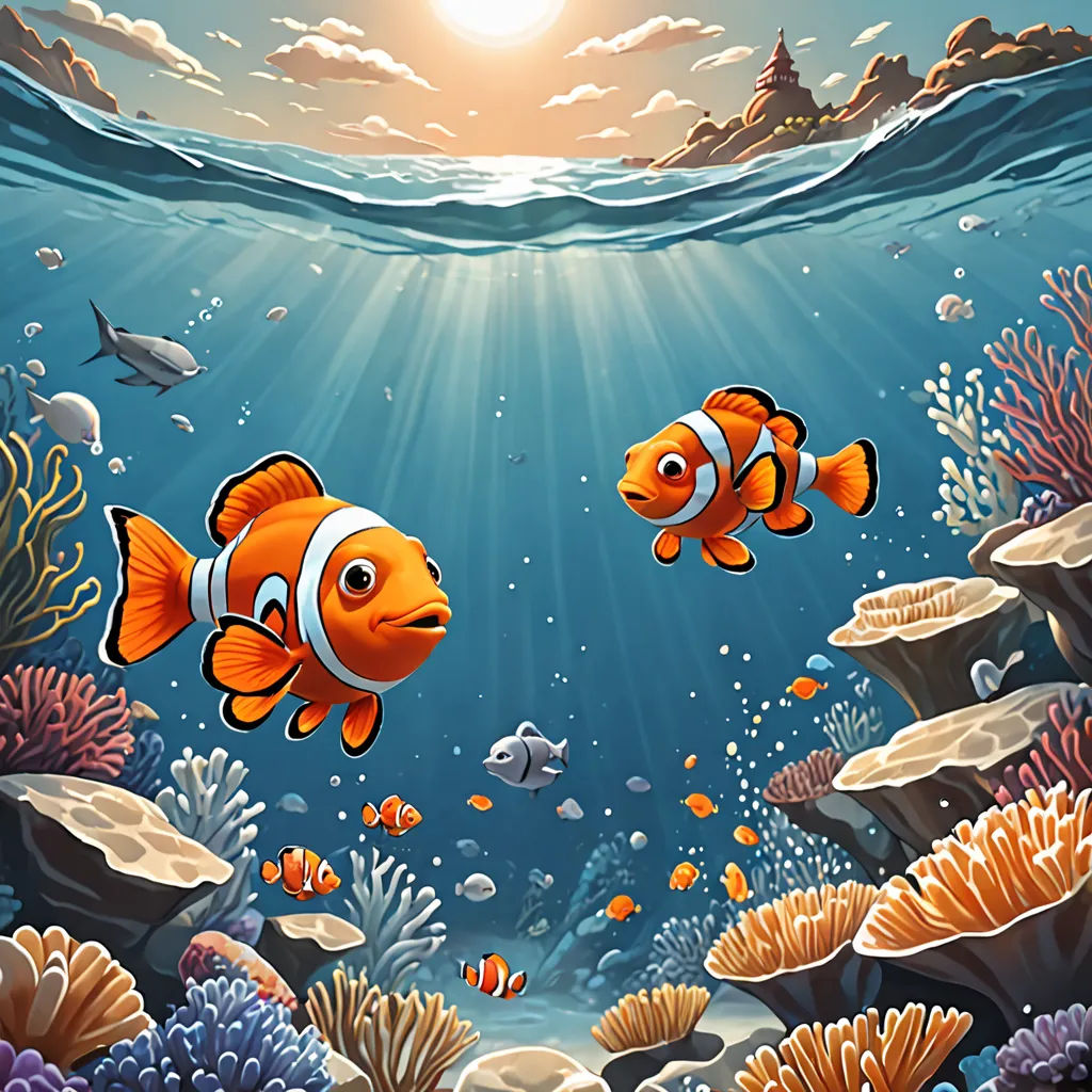 a painting of two clown fish swimming in the ocean with corals and seaweeds around them and a sun shining in the background, pop surrealism, a storybook illustration, Cliff Childs, highly detailed digital painting