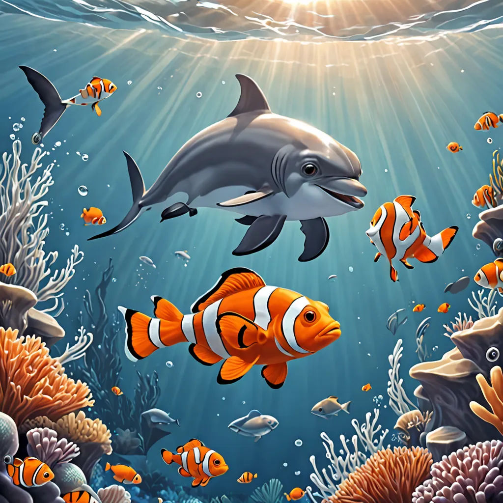 a painting of a dolphin and clown fish swimming in the ocean with corals and other fish around it, pop surrealism, a storybook illustration, David Martin, highly detailed digital painting