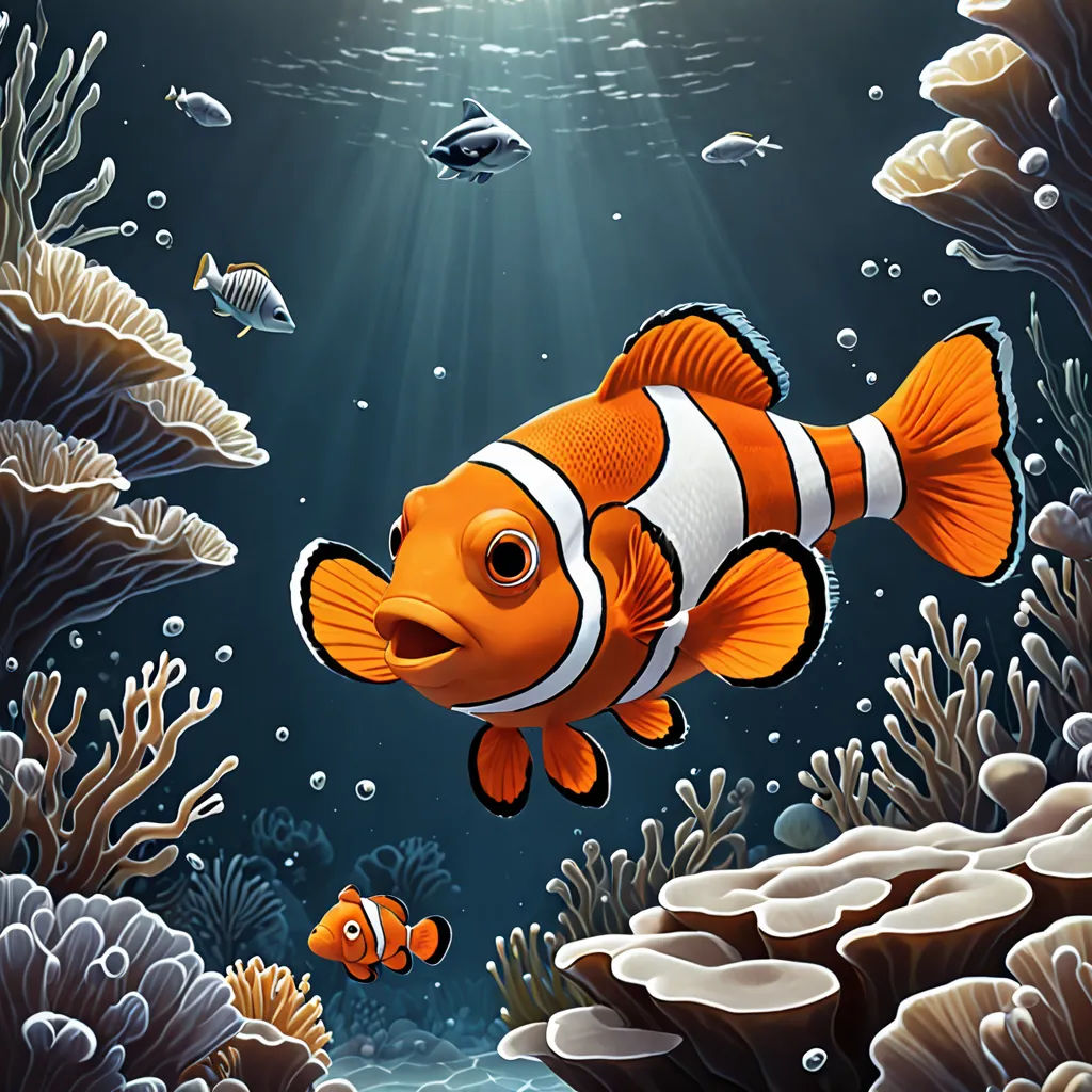 a clown fish swimming in the ocean with a fish nearby by a coral reef and a fish on the water, pop surrealism, a storybook illustration, Cliff Childs, highly detailed digital painting