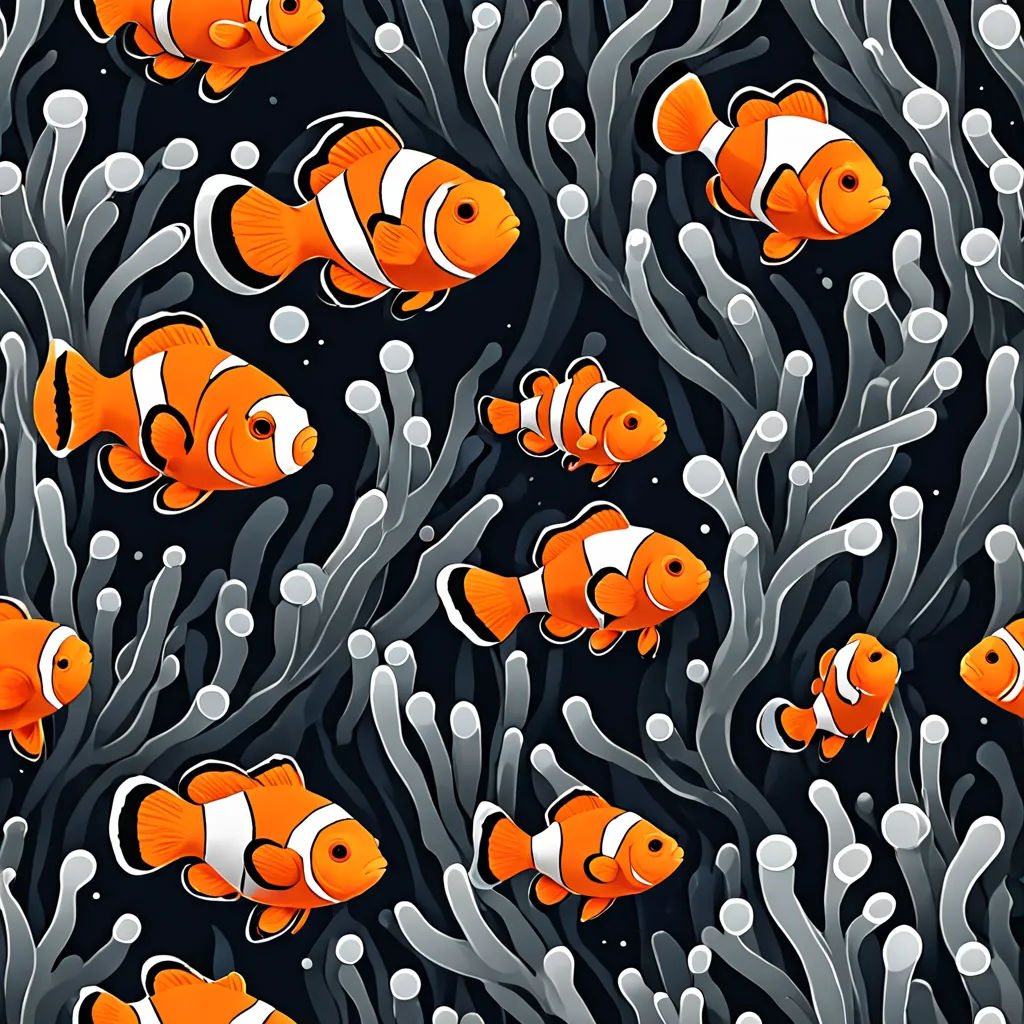 a group of clown fish swimming in an aquarium with corals and seaweed on a black background with white bubbles, generative art, a storybook illustration, Diego Gisbert Llorens, underwater