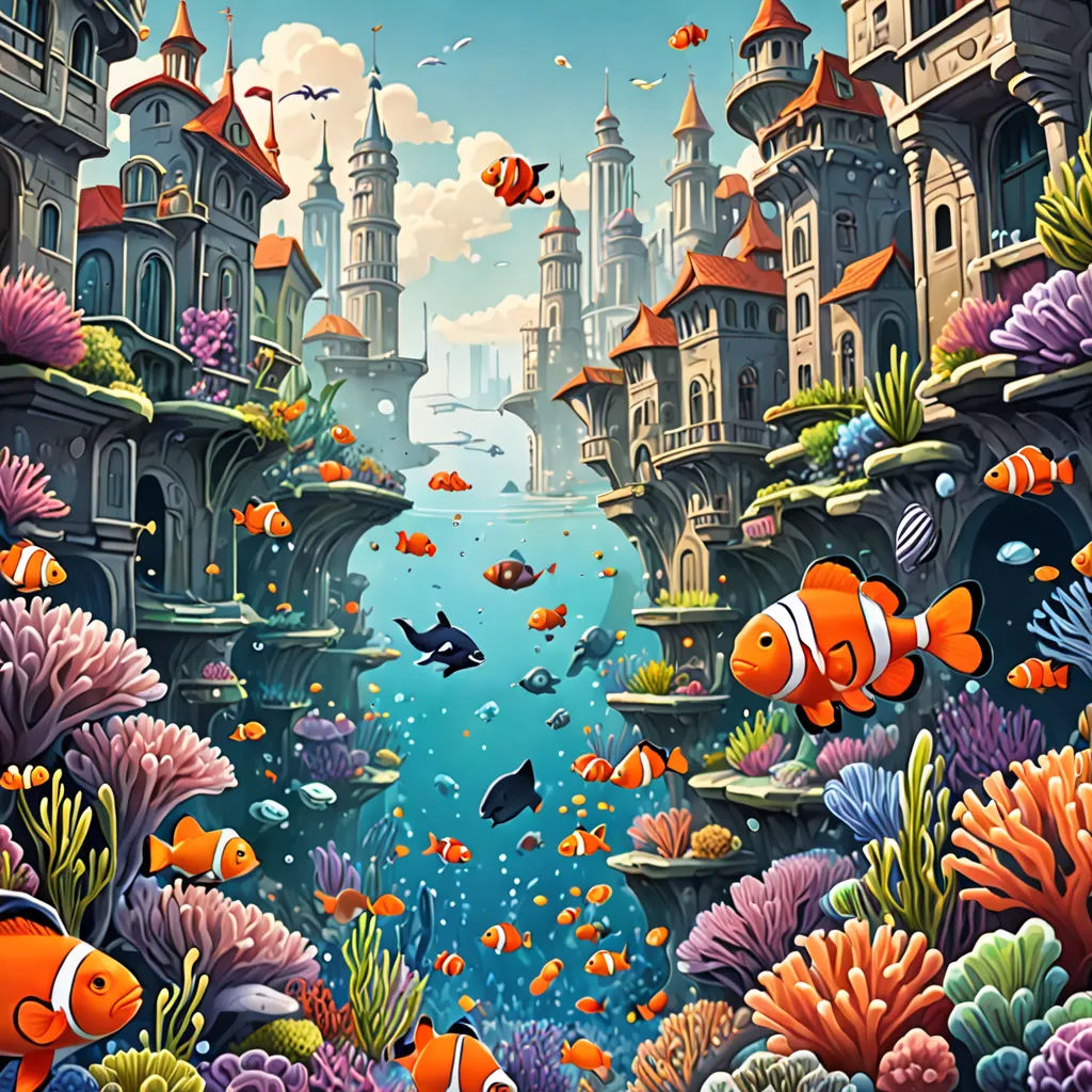 a painting of a underwater scene with fish and corals in the water and a castle in the background, fantasy art, a storybook illustration, Chris LaBrooy, highly detailed digital painting