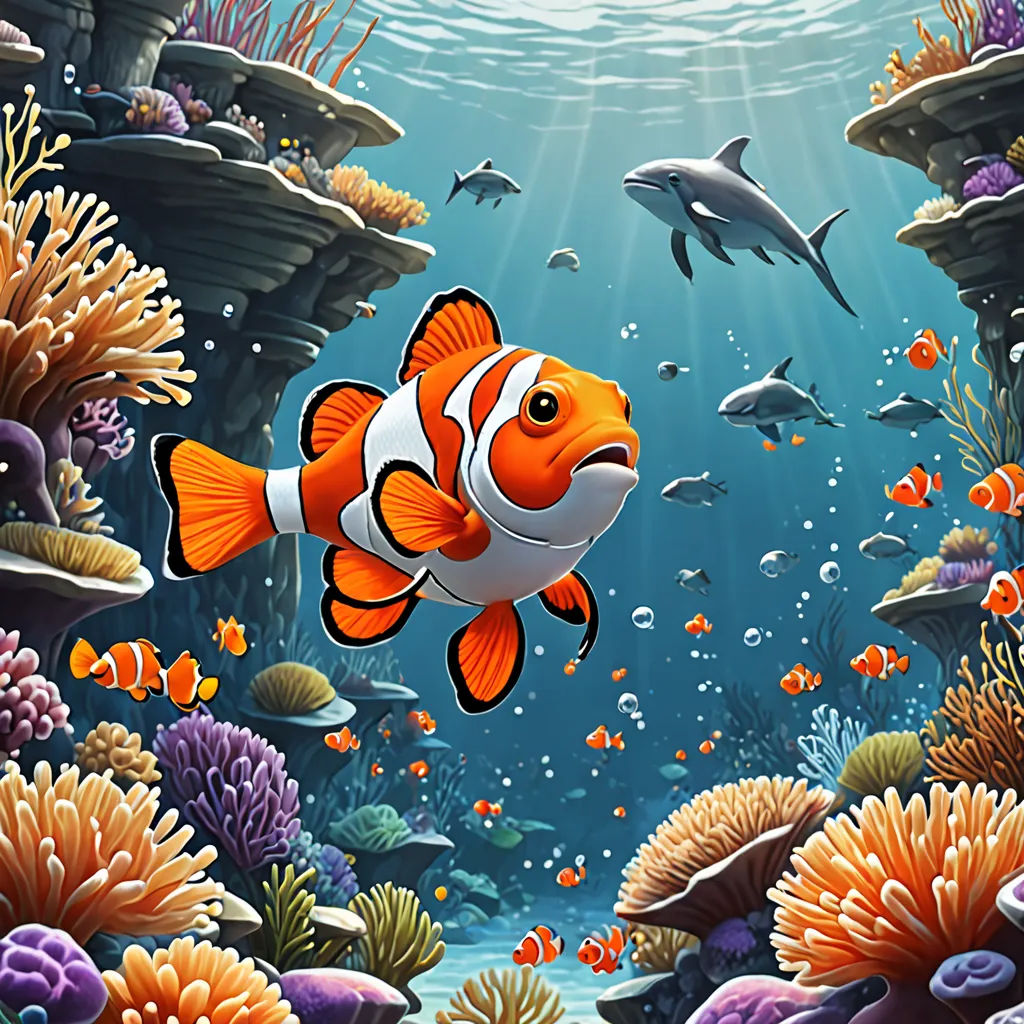 a painting of a clown fish swimming in a coral reef with other fish and corals around it, with sunlight streaming through the water, psychedelic art, a storybook illustration, David Martin, highly detailed digital painting