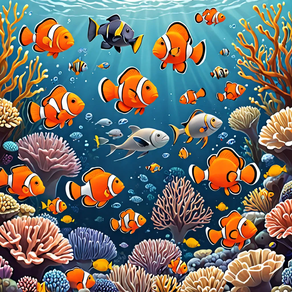 a painting of a group of fish swimming in the ocean with corals and seaweeds around them, psychedelic art, computer graphics, David Martin, highly detailed digital art