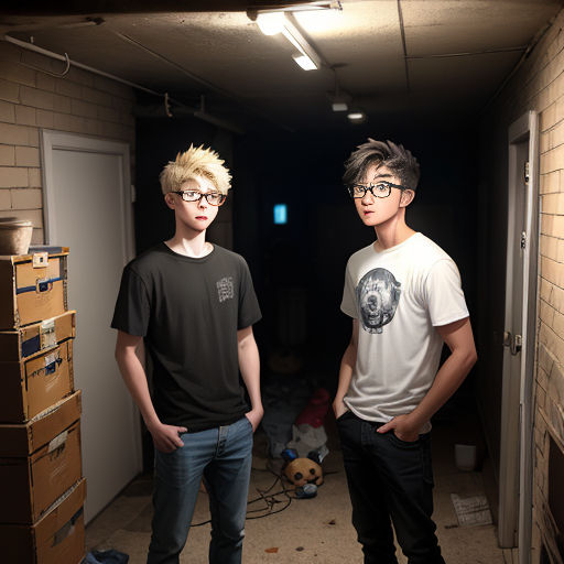two young men standing in a hallway with boxes on the floor and a dog on the floor behind them