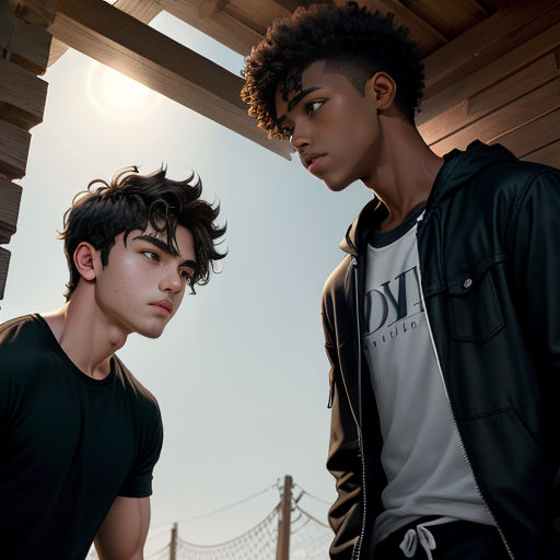 two young men standing next to each other under a roof with a sky background and a chain link fence