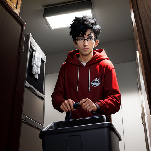 a man in a red hoodie is standing at a podium with a black trash can in front of him