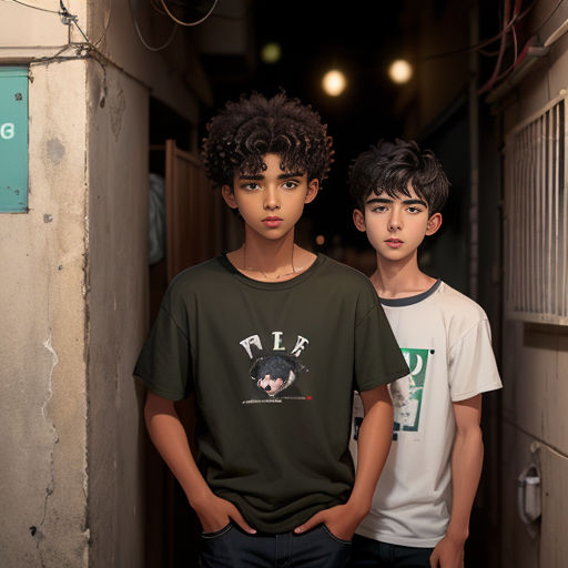 two young boys standing in a hallway next to each other with their hands on their hipss and looking at the camera