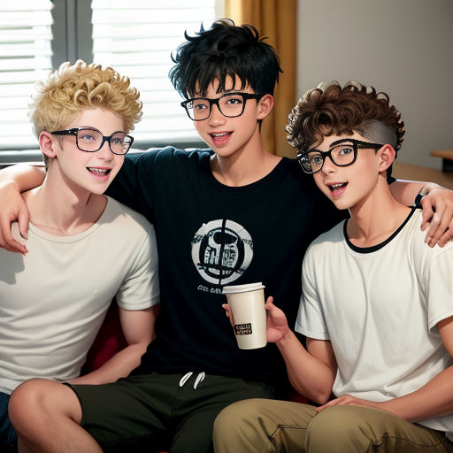 three boys sitting on a couch with a coffee cup in their hands and one boy with glasses on his head