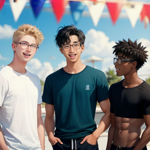 three young men standing next to each other in front of a banner with bunting flags on it and a blue sky