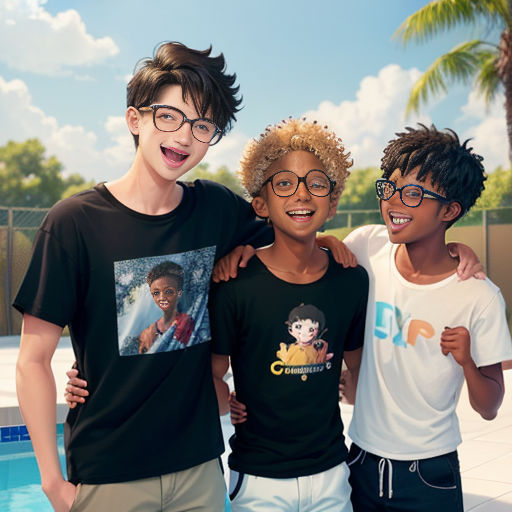 three young boys standing next to each other near a pool with a palm tree in the background and a fence in the foreground