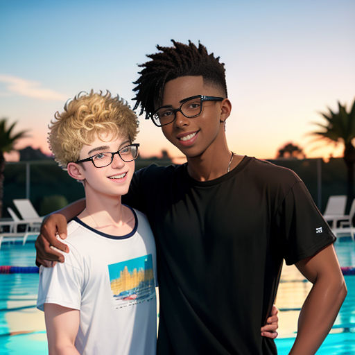 a boy and a boy standing next to each other near a swimming pool at sunset with palm trees in the background