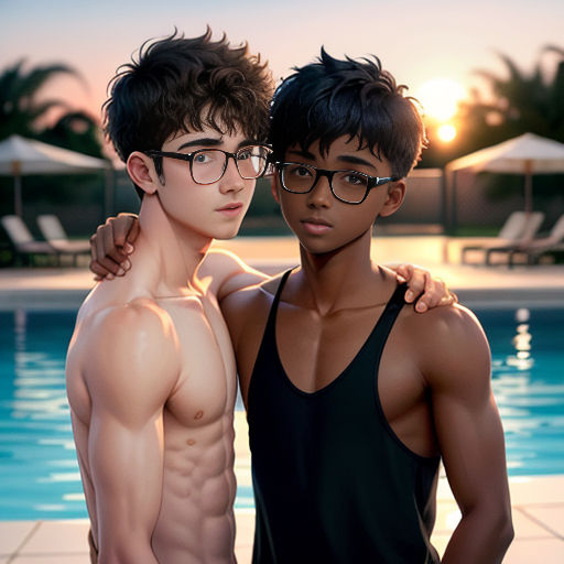 two young men standing next to a swimming pool at sunset or sunset time, with the sun setting behind them