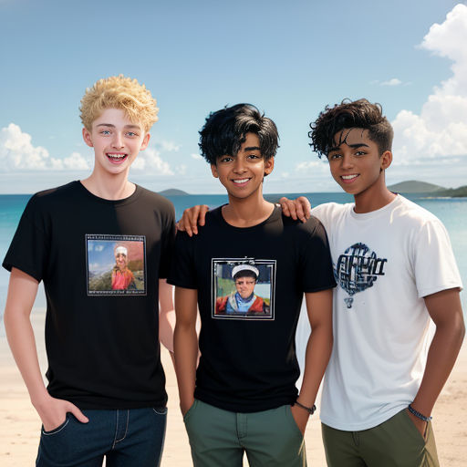three young men standing next to each other on a beach near the ocean and a body of water with a boat in the background