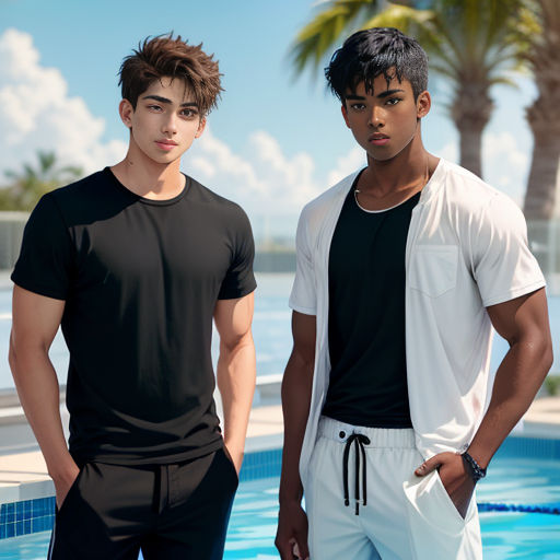 two men standing next to a pool with a palm tree in the background and a blue sky in the background