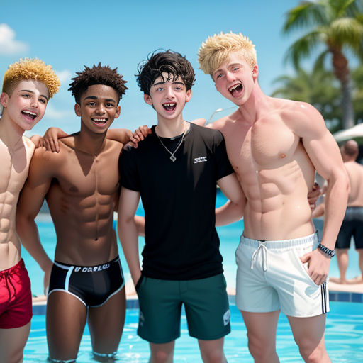 a group of young men standing next to each other in a swimming pool with a man in the middle of the group