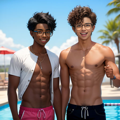 two young men standing next to each other near a swimming pool with palm trees in the background and a blue sky