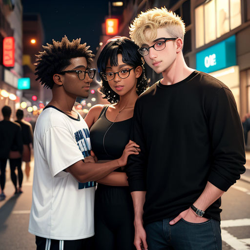 a group of people standing on a street corner at night time with a city street in the background and people walking on the street