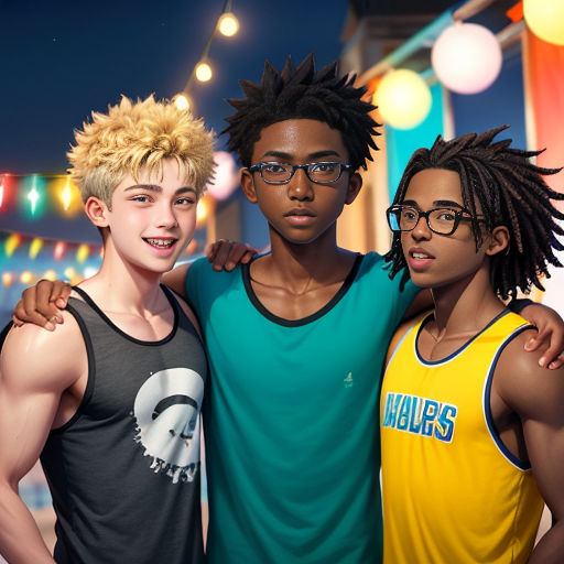 three young men standing next to each other in front of a building at night with lights on the ceiling