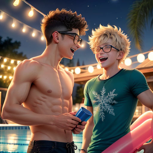 two young men standing next to each other near a pool with lights on the ceiling and inflatable toys
