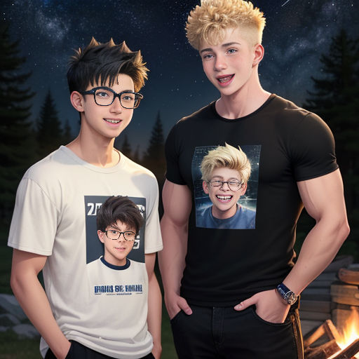 two young men standing next to each other in front of a fire pit with a night sky background and stars