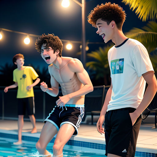 a group of young men standing next to a swimming pool at night time, laughing and laughing at each other