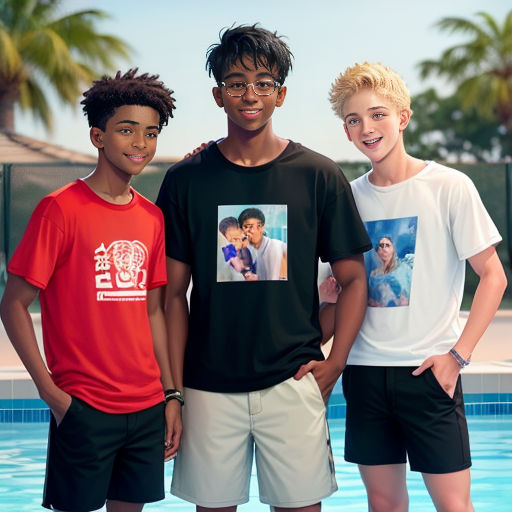 three boys standing next to a pool in front of a fence and palm trees, one boy wearing a t - shirt with a picture of himself